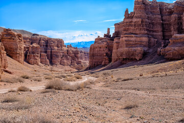 The huge Charyn Canyon in the desert of Kazakhstan. Panoramic view of a large canyon in the desert...