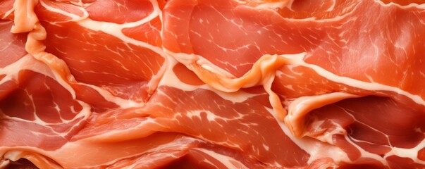 Top view of bacon macro texture, banner food concept. Generative Ai.