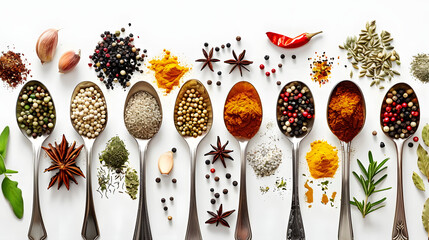 Top view of different spices in spoons on a white background - obrazy, fototapety, plakaty