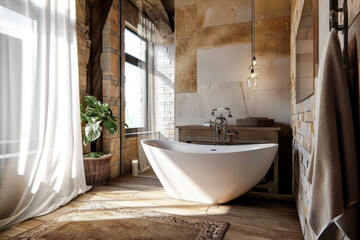 A modern bathroom with a white bathtub and a stylish rug on the floor