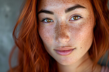 A woman with natural freckles on her hair and eyes