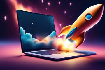 3d render rocket launch on computer laptop. new business start-up ideas. learning knowledge creativity. business success concept. 3d rendering illustration cartoon minimal style