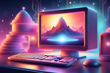 3d computer with illustrated style and high resolution