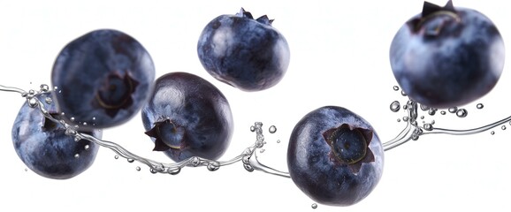 Fresh Blueberries in Air with Water Drops Isolated on White - obrazy, fototapety, plakaty