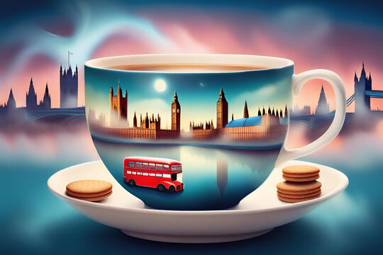 Surreal artistic image of london city floating in a cup of tea with nutshell biscuits and a london bus inside