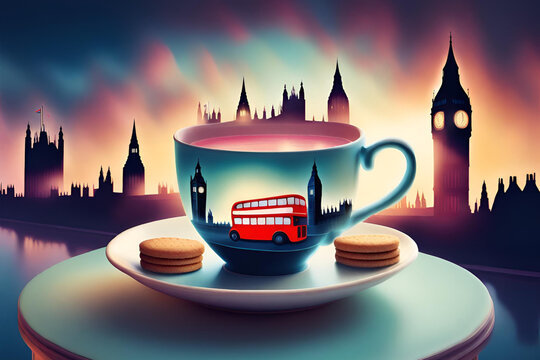Surreal artistic image of london city floating in a cup of tea with nutshell biscuits and a london bus inside