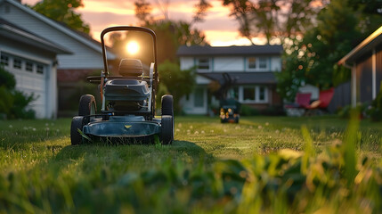 A gasoline lawn mower stands on the lawn near the house at sunset