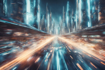 Motion blur photo of make me a realistic picture of a utopian futuristic city where humanity complements itself with artificial intelligence and technology  - obrazy, fototapety, plakaty