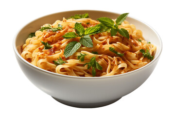 Spicy stir fried instant noodle with sliced chicken in bowl isolated white background