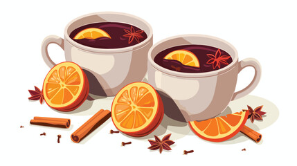 Hot mulled wine with cinnamon and orange. Vector illus