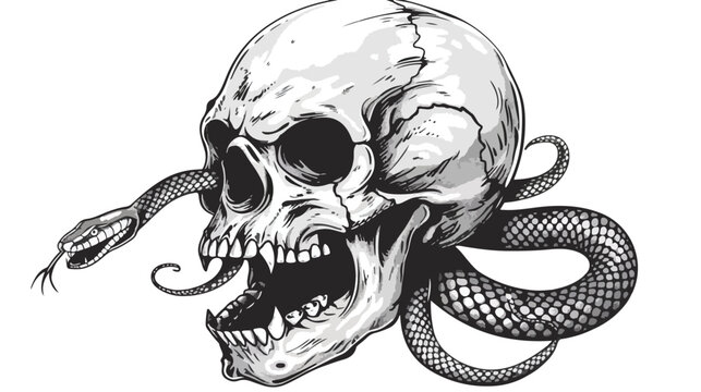 Human skull with crawling snake rock and roll symbol v