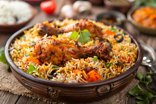 Chicken biryani Spicy Indian Malabar biryani Hyderabadi biryani, Dum Biriyani pulao golden bowl Kerala India Sri Lanka Pakistan basmati rice mixed rice dish with meat curry Ramadan Kareem, Eid