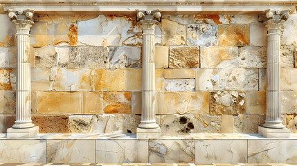Close-up of two detailed ancient Egyptian style columns with a textured stone wall backdrop.