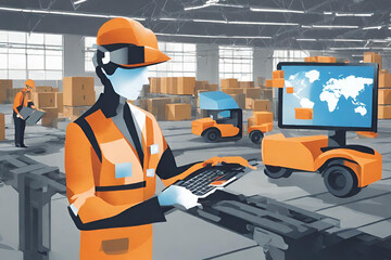 technology in a logistics or supply chain setting. look for a scene that highlights the seamless integration of human expertise with cutting edge technology to enhance