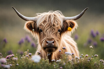 baby female highland cow with light colored flowers on her head - obrazy, fototapety, plakaty