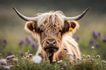 Foto op Canvas baby female highland cow with light colored flowers on her head © superbphoto95