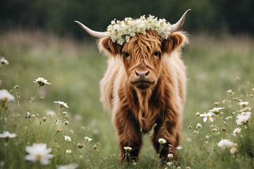 baby female highland cow with light colored flowers on her head