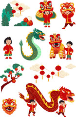 Chinese new year hand-drawn flat original set