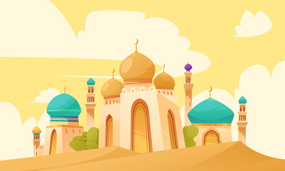 Hand drawn flat cartoon ramadan composition with a islamic mosque