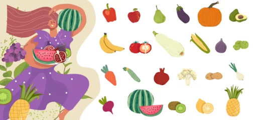 Foto auf Glas vegetables hand drawn flat icons with illustration © Macrovector