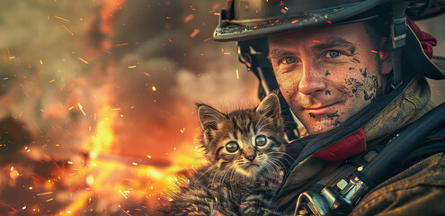A poignant capture of a firefighter's compassion, cradling a kitten rescued from a fiery backdrop, a true embodiment of heroism and tenderness amidst chaos. - obrazy, fototapety, plakaty