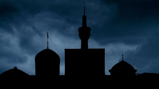 Iran: Shrine of  Imam Reza with Thunderstorm and Lightning flash over Silhouette of Dome and Minaret, Mashhad