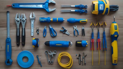 A collection of electrician's tools is neatly spread out on a wooden surface for easy access