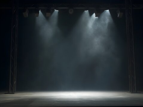 Dramatic Stage Lighting and Beam Spotlights in Dark Theatre Setting for Captivating Performance or Sci Fi Presentation