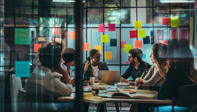 A Diverse Group Of Individuals Sitting Around An Office Table, Engaged In A Meeting Or Discussion.