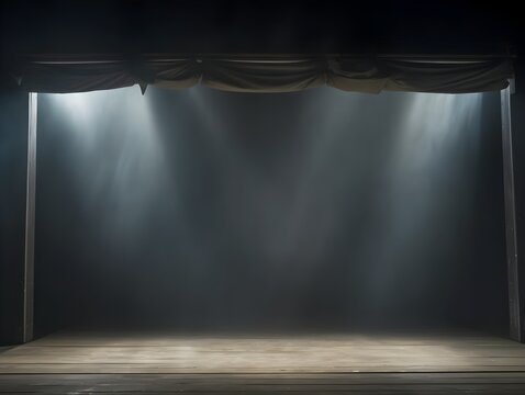 Dramatic Theatrical Stage with Beaming Rays and Moody Lighting in Dark Studio Setting
