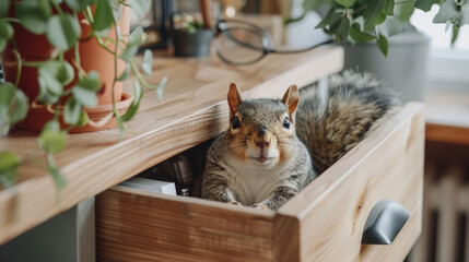 A gray squirrel with perked ears peeks out from an open wooden drawer amidst a backdrop of...