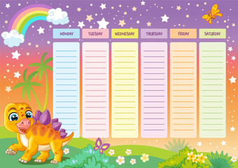 Kids school schedule weekly planner with dinosaur vector