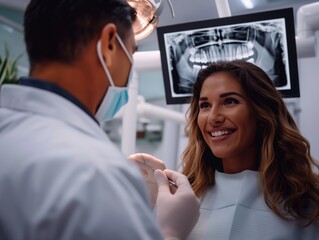 A dentist showing X-ray images to a patient during a dental checkup