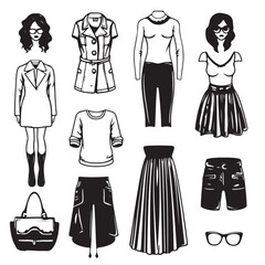 Sketches collection of woman dresses. Hand drawn vector illustration. Black outline drawing isolated on white background