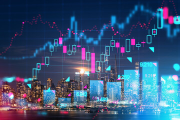 New York cityscape with overlaid hologram-style stock market data. Digital composite, urban night background. Business and finance concept. Double exposure