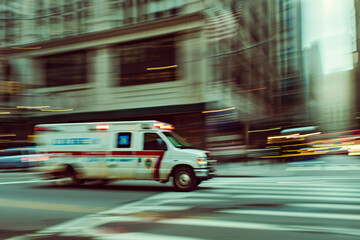 A fast traffic of a medical ambulance vehicle at speed in the city, blurry car and city background 