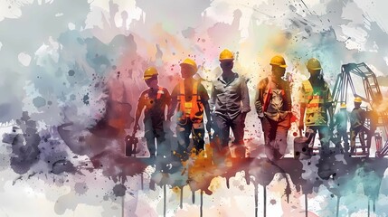 International Labor Day on May 1 with a group of workers in watercolor style, the concept of a banner with congratulations on the world holiday - obrazy, fototapety, plakaty
