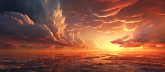 High above the earth, the serene beauty of a sunset casts a warm glow over fluffy clouds drifting above the tranquil expanse of water - Powered by Adobe