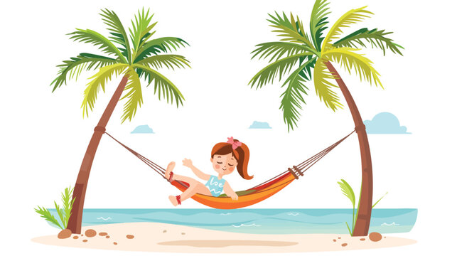 Little girl on hammock in palm beach flat vector isolated