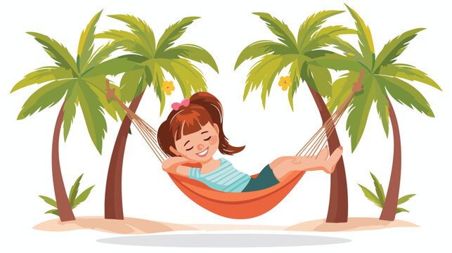 Little girl on hammock in palm beach flat vector isolated