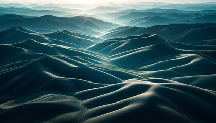 Serene Aerial View of Rolling Blue green Hills at Sunrise,
nature, landscapes, mountain, blue sky and clouds