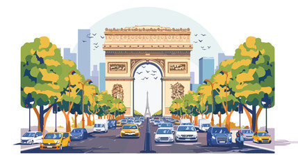 Lot of street traffic on Champs Elysees boulevard in P - obrazy, fototapety, plakaty