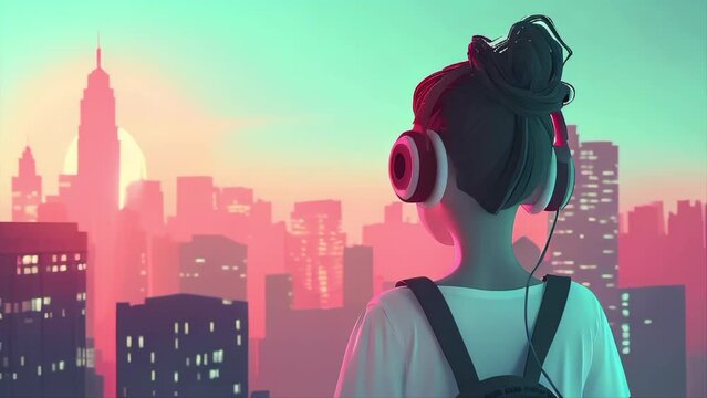 A woman wearing headphones is looking out over a city skyline. The sky is pink and the sun is setting. The city is lit up at night, creating a warm and inviting atmosphere