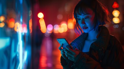 Naklejka premium Young woman texting smartphone at night street with neon light