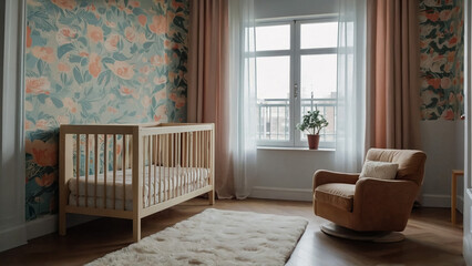 Interior of children's bedroom with baby crib and shelving unit - obrazy, fototapety, plakaty