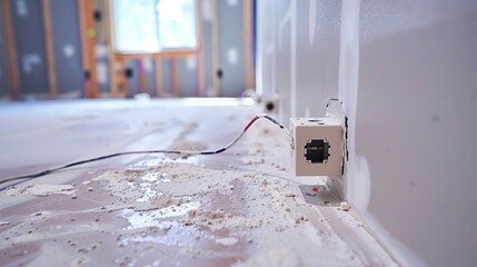 The process of fitting electrical outlets in drywall is executed with expertise by an electrician on site - obrazy, fototapety, plakaty