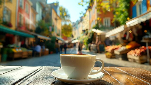 Coffee at traditional market table. seamless looping 4k time-lapse animation video background