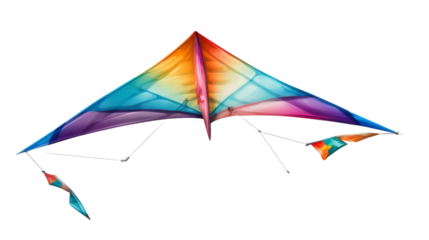 A vibrant, multicolored kite soars gracefully through a bright blue sky