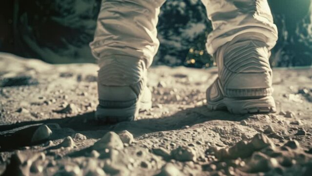 Astronaut in a spacesuit walks on moon. People on moon. Spaceman's legs close-up. Travel into space. Conquest of new planets. Earth satellite. Cosmonaut discovery mission.