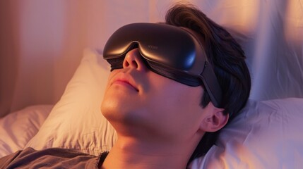 Young Man Wearing Sleep Mask in Bed at Night